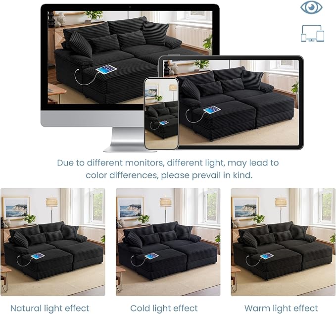 SUNWAVE 74" W Double Chaise Lounge Chair Indoor, Oversized Loveseat with Storage Ottoman, Corduroy Couch with USB Charging, Removable Ottoman, and Coffee Table Cushions for Living Room Bedroom