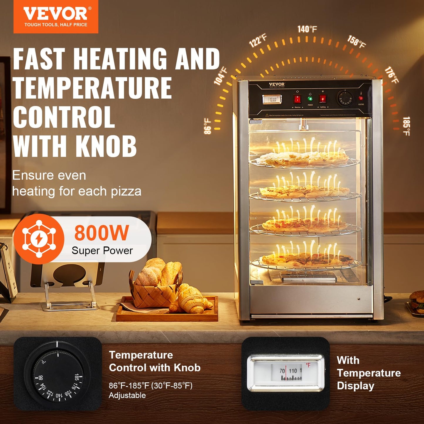 VEVOR Commercial Food Warmer Display for 14" Pizza, 4-Tier Pizza Warmer with Rotary Steam Heating, 86℉~185℉ Temperature Control and Temp Display, 25W Oven Light + Top LED for Pizza Shop, Restaurant