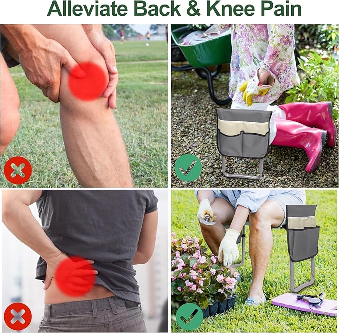 LUCKYERMORE Foldable Garden Kneeler and Seat, New Generation Gardening Stool with 2 Tool Pouches, with Wider&Softer EVA Kneeling Pad, Gardening Gifts for Parents Seniors, Lightweight & Heavy Duty