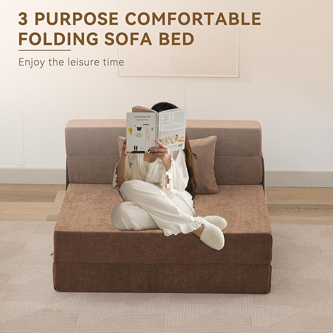 WUTUTUEE Folding Sofa Bed Convertible Floor Couch Foldable Chair Bed with Pillow,Linen Sleeper Chair Futon,Foldable Memory Foam Mattress for Bedroom/Living Room/Dorm/Office (Brown, Standard)