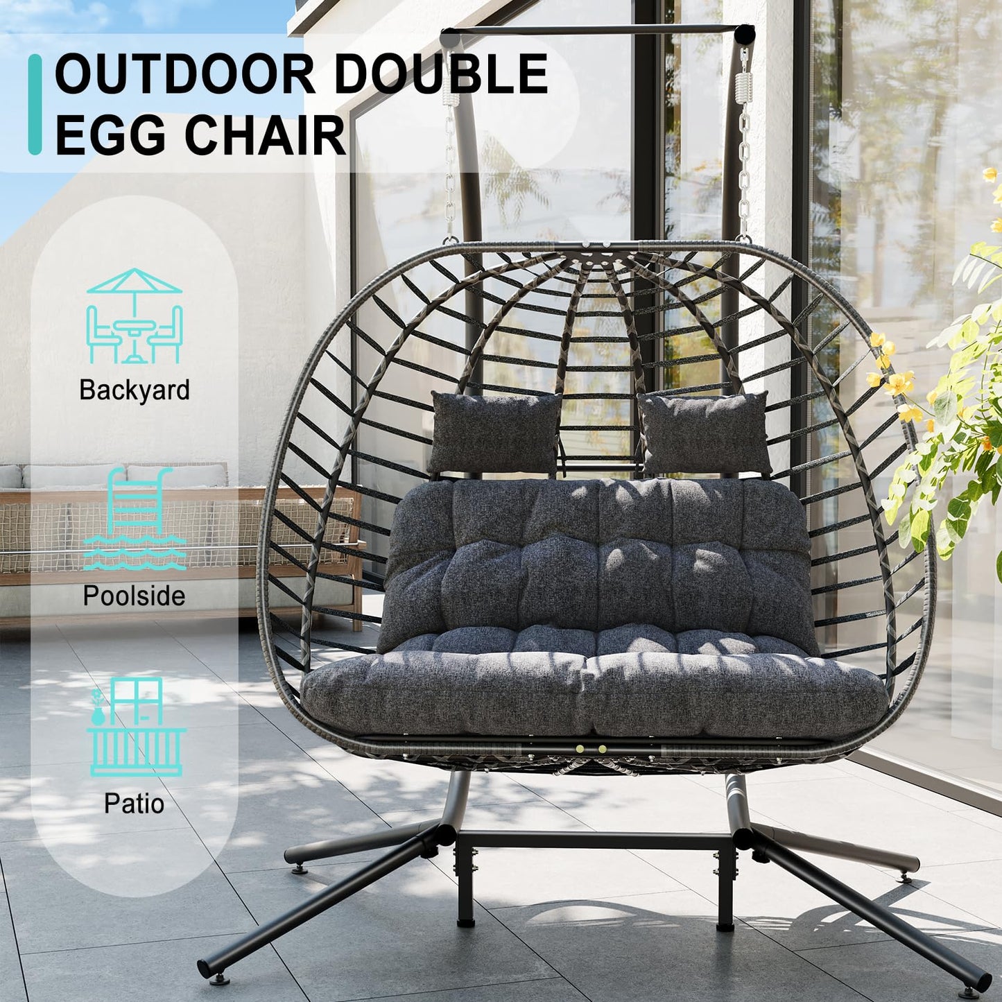 SWITTE Double Egg Swing Chair with Stand, Outdoor Patio 2 Person Hanging Wicker Hammock Chairs with Cushion for Indoor Bedroom, Lawn, Garden-Dark Grey