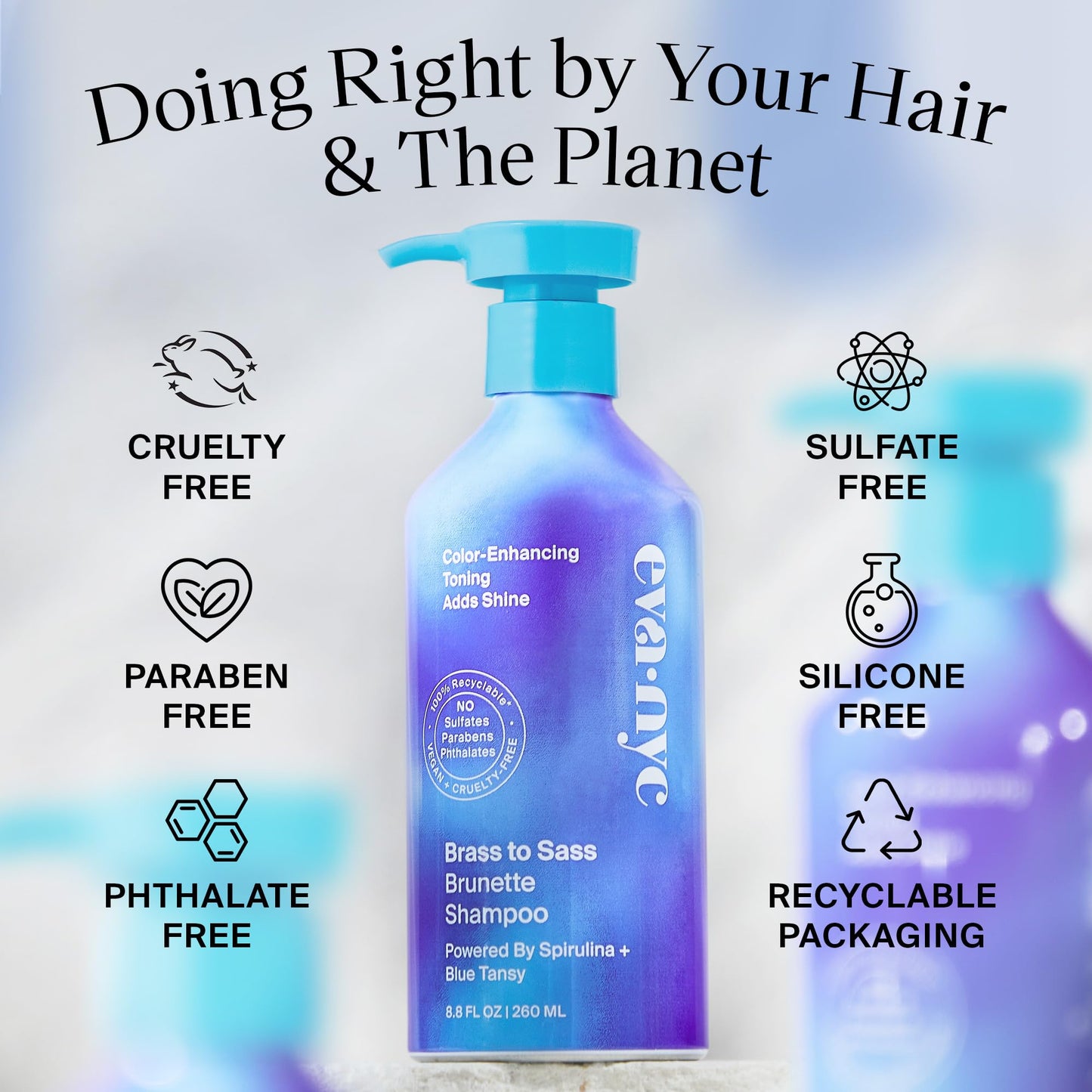 Eva NYC Brass to Sass Brunette Shampoo, Toning Blue Shampoo for Brunettes, Neutralizes Brassy Red and Orange Tones, Blue Shampoo