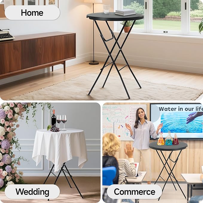 Winlice 32'' Round Folding Table, HDPE Portable Bar Height Table with Removable Legs for Indoor Outdoor Wedding Event, Gathering, Parties, Commercial Events, Black