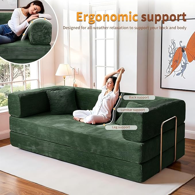 Kelyda 79 Inch Convertible Sofa Bed Couch in Box, 5 in 1 Folding Modular Boneless Couch with Pull Out Bed 2 Pillows, Soft Corduroy Floor Futon Lounge Loveseat Sleeper Lazy Cama No Assembly Green