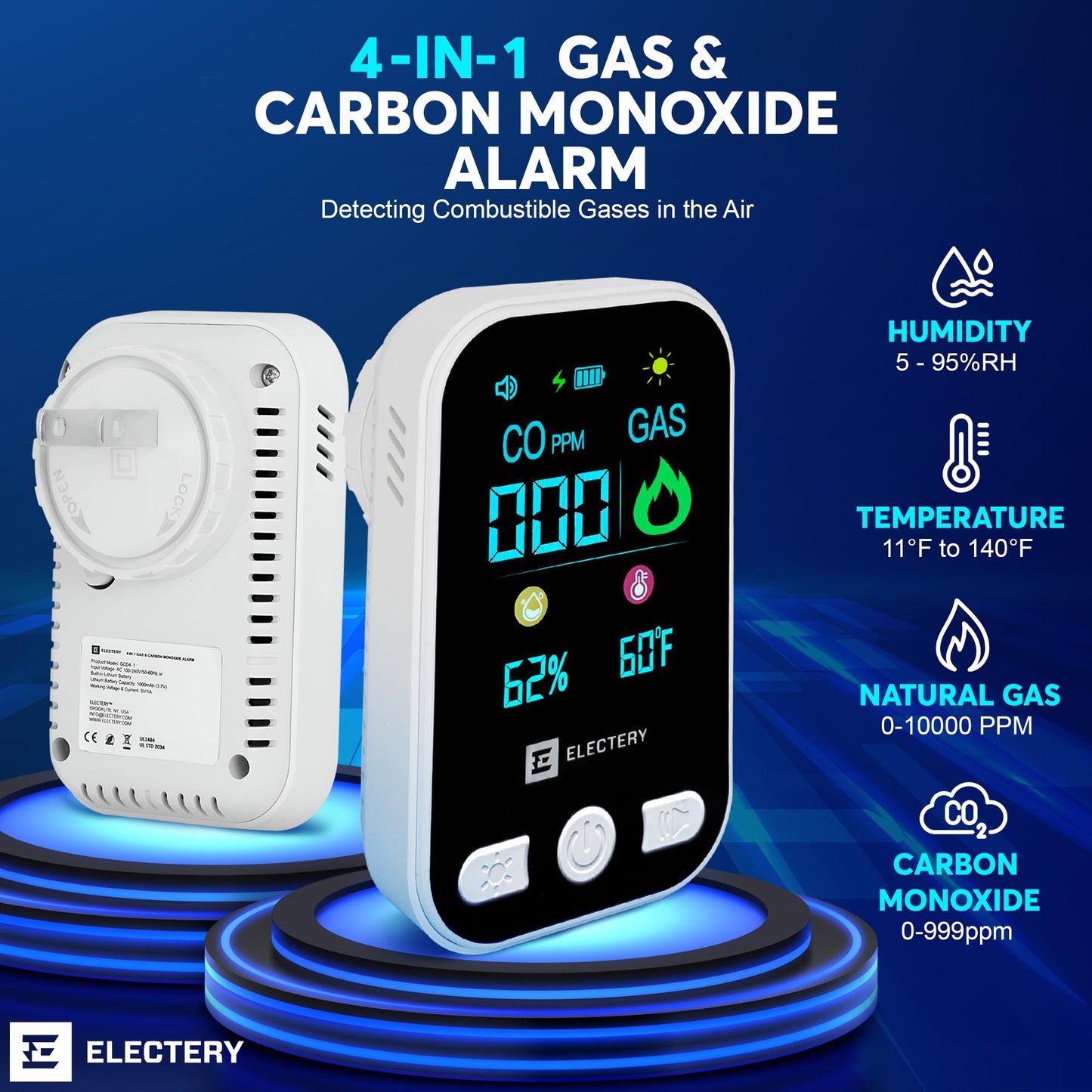 4‑in‑1 Upgraded Natural Gas Leak Detector & Carbon Monoxide Detectors Plug‑in with Dual Sensor, LCD Display Alarms, Temperature & Humidity Monitor for Home & RV