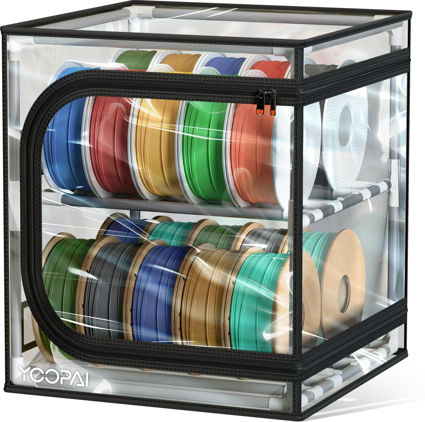 YOOPAI 3D Printer Filament Storage Box with Desiccants - 2 Tiers Metal Filament Storage Rack with Trans Cover,Holds Up to 24 Rol