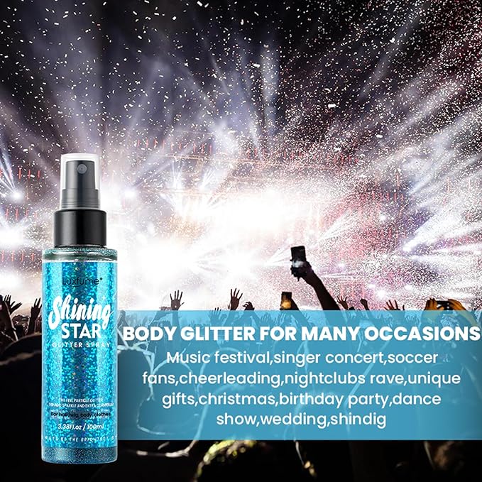 MEICOLY Blue Body Glitter Spray,100ML(3.53OZ),Liquid Glitter Hairspray,Sparkle Hair Spray,Glitter Spray for Hair/Body/Clothes,Body Shimmer for Skin,Lightweight,Long Lasting