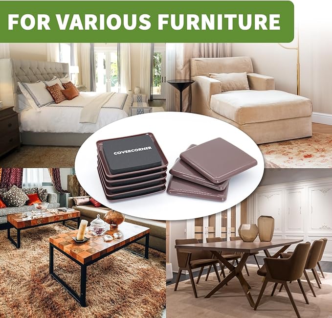 COVERCORNER Furniture Sliders for Carpet 16 PCS - 3 1/2 inch Furniture Moving Slider Chair Legs Floors Protectors Square Furniture Movers Sliders – Move Your Furniture Easy & Safely(for Carpet)-Brown