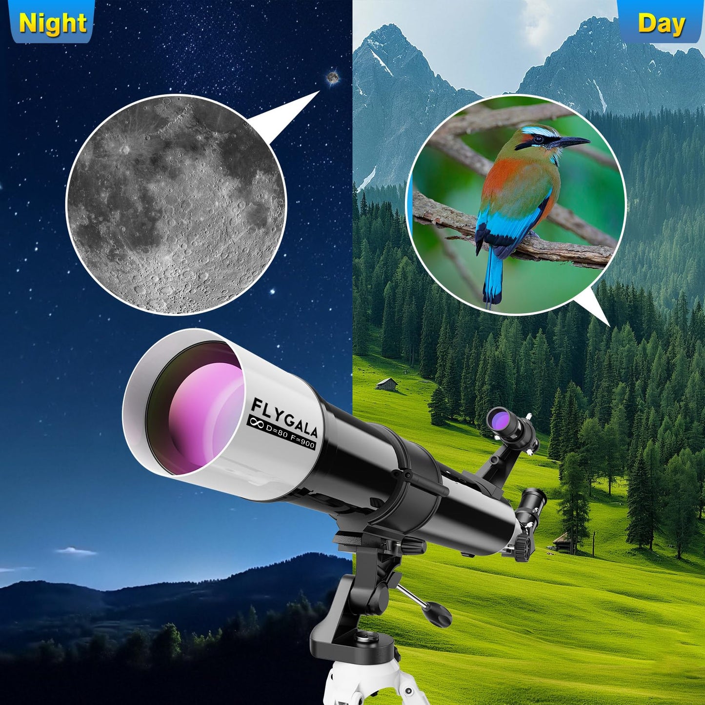 FlyGala Telescope for Adults High Powered Astronomical,80mm Aperture 900mm Professional Refractor Telescopes for Astronomy Beginners 36-270X FMC with AZ Mount Tripod,Carrying Bag,Phone Adapter