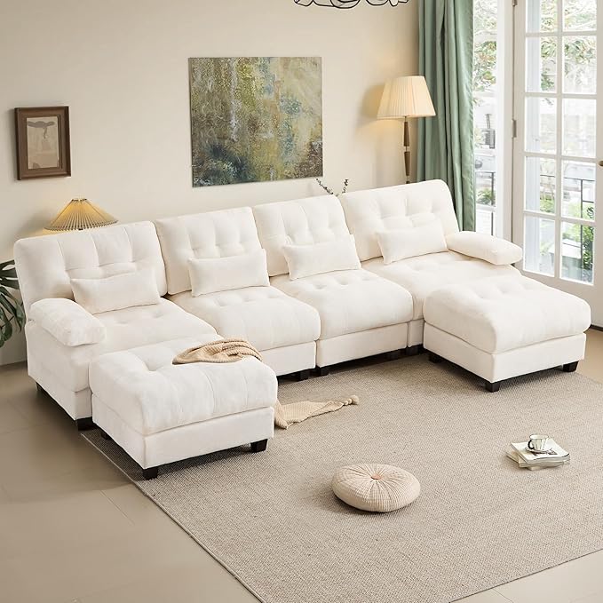 GRAINLLE 119'' Modular Sectional Cloud Couch with 2 Ottoman,Deep Seat Sleeper Sofa U Shaped Sectional Couch,Convertible Upholstered Comfy Chenille Sectional Sofa for Living Room,Bedroom(Ivory)