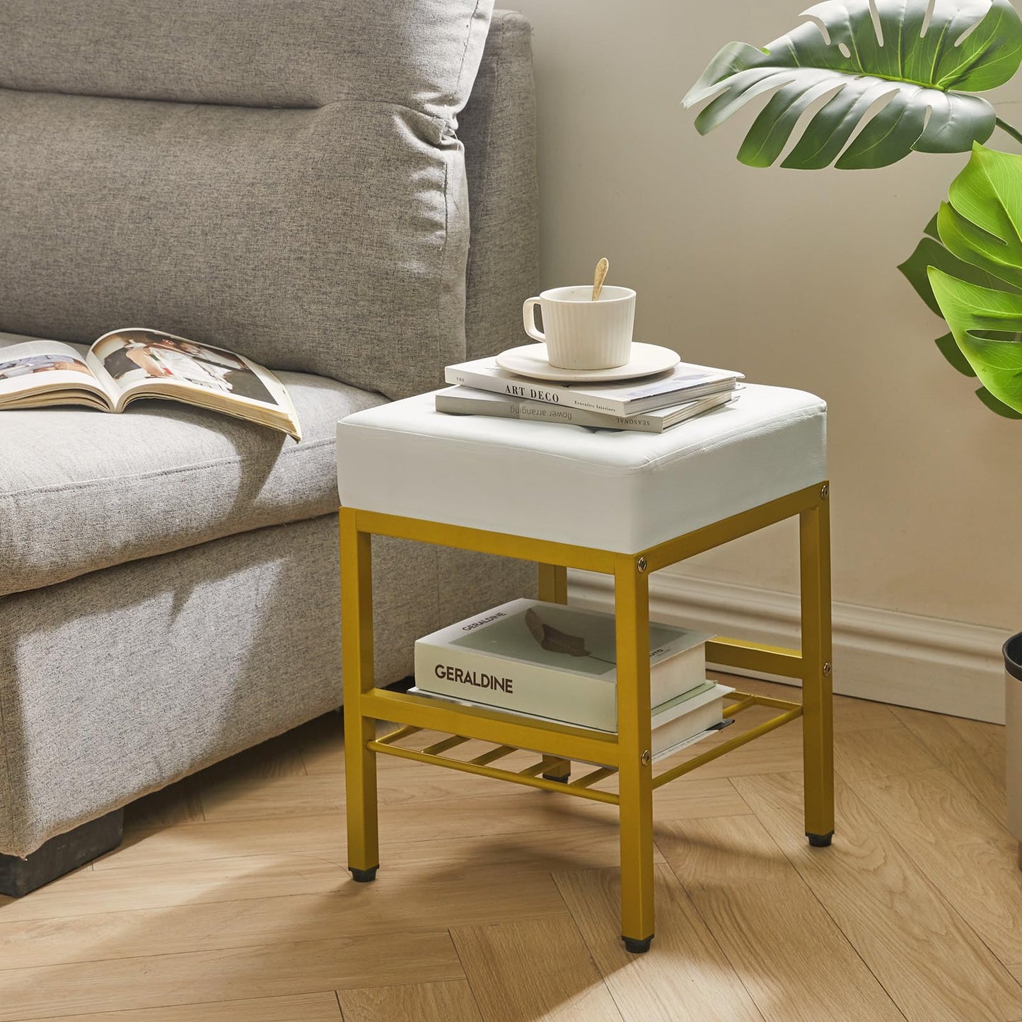 IBUYKE Square Makeup Stool with Adjustable Feet and Storage Space, Footrest Chair, PU Vanity Seat, Multi-Use as Small Side Table or Ottoman, for Bedroom, White LG-60W