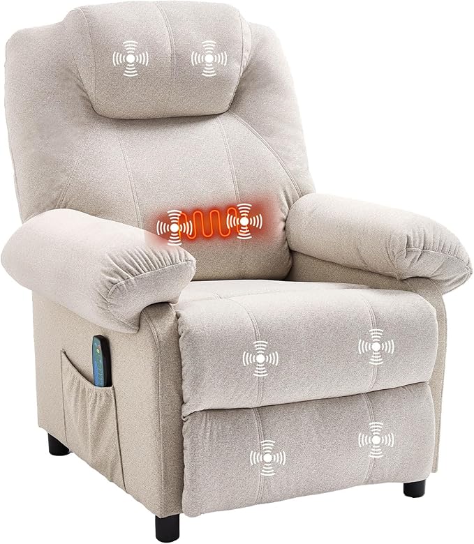 Massage Recliner Chair with Heat Small Recliners for Small Spaces Pushback Recliners Manual Reclining Chairs for Adult, Overstuffed Fabric Single Sofa with Side Pocket for Living Room,Beige