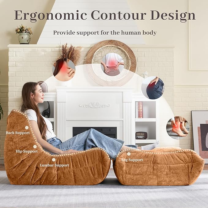 HABUTWAY Bean Bag Ottoman,Foot Rest,Fireside Chair Memory Foam Lazy Bean Bag Sofa for Living Room,Bedroom,Dorm,Office (Ottoman-Brown)