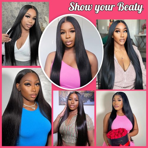 MZCNU 13x6 Straight Lace Front Wigs Human Hair 230% Density 28 Inch HD Transparent Lace Frontal Human Hair Wig for Women Natural Black Color