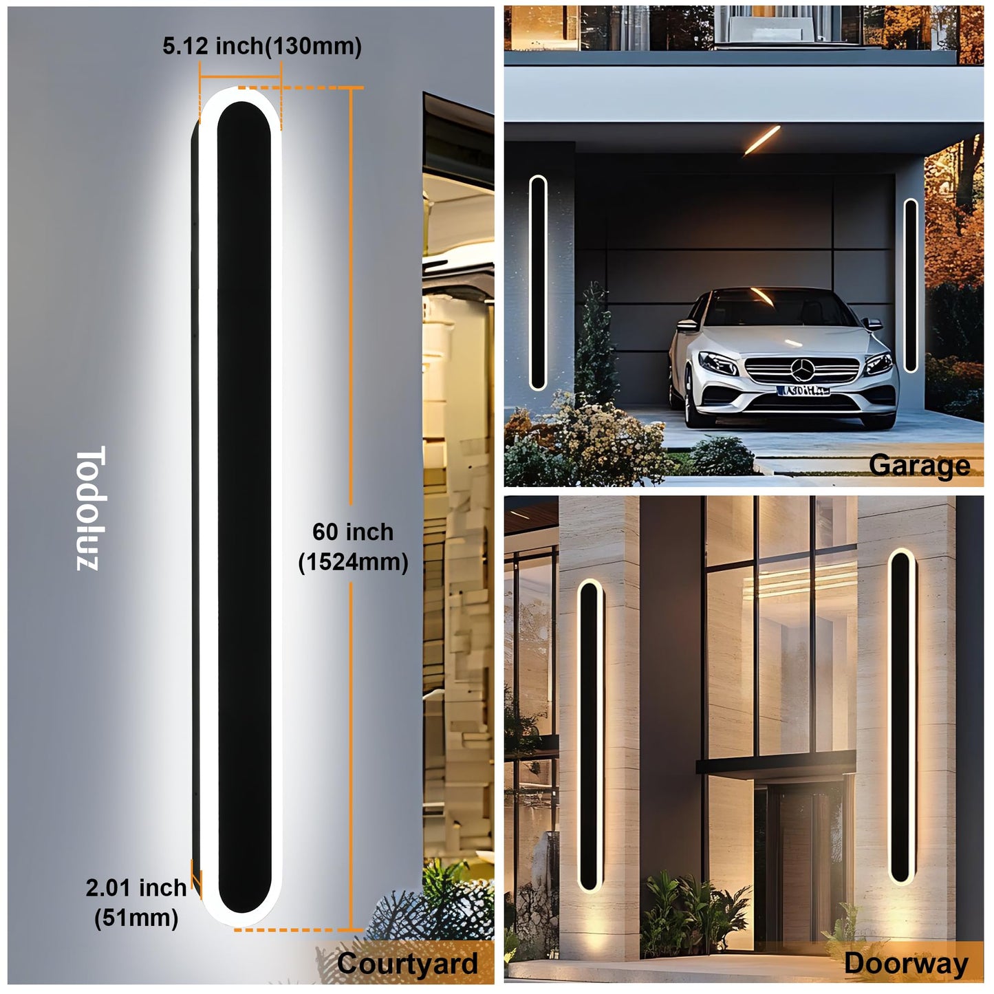 TODOLUZ 2-Pack 60-Inch Long Outdoor Wall Sconce, IP65 Waterproof Light Fixture with Build-in Integrated LED Chips for Garage House Porch, Wall Mounted Lamp 5 Color (3000K/3500K/4500K/5000K)