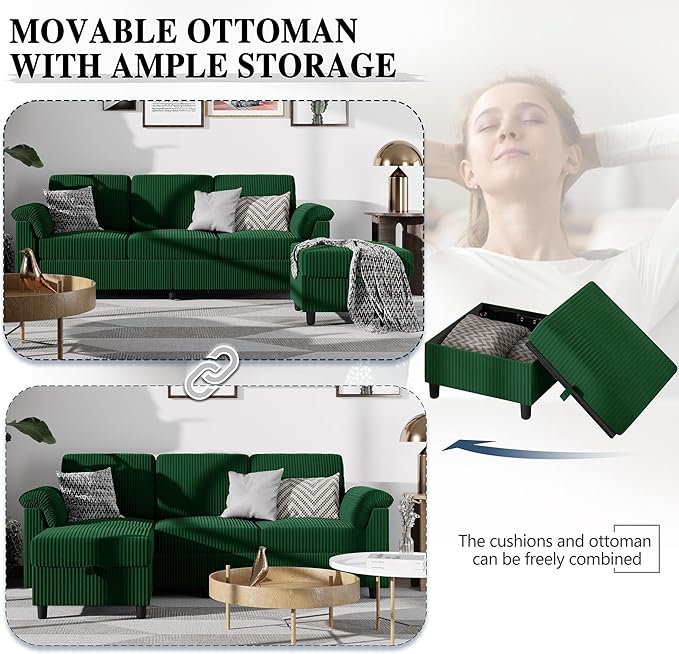 Meilocar Sectional Sofa Couch for Living Room, 79" Sectional Couch with Storage Ottoman, L Shaped Couches with Armrests Side Storage Pockage, 3-Seat Sofa Couches for Living Room, Apartment, Green