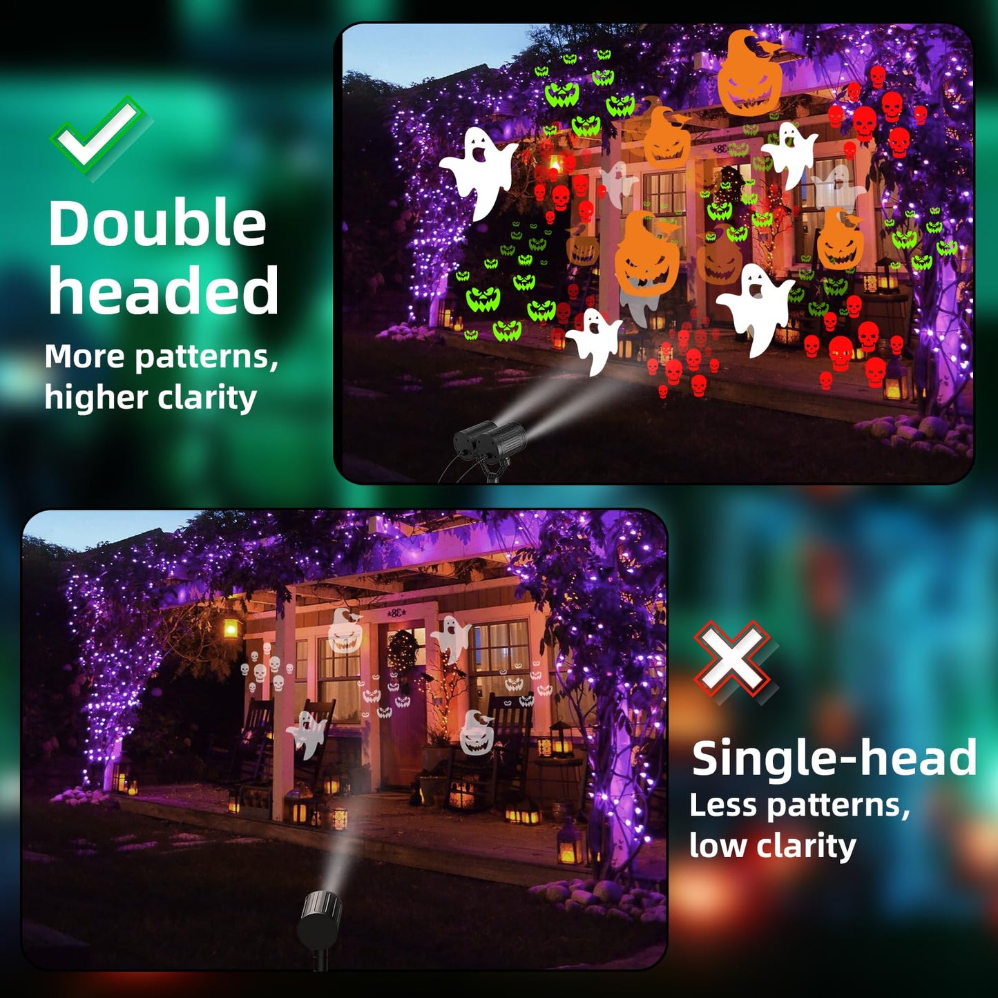 afzdby Double Head Halloween Projector Lights Outdoor with Timer,IP65 Waterproof Dynamic Halloween Ghost Skeleton Pumpkin Devil Face Lights for Home Window Wall Decor