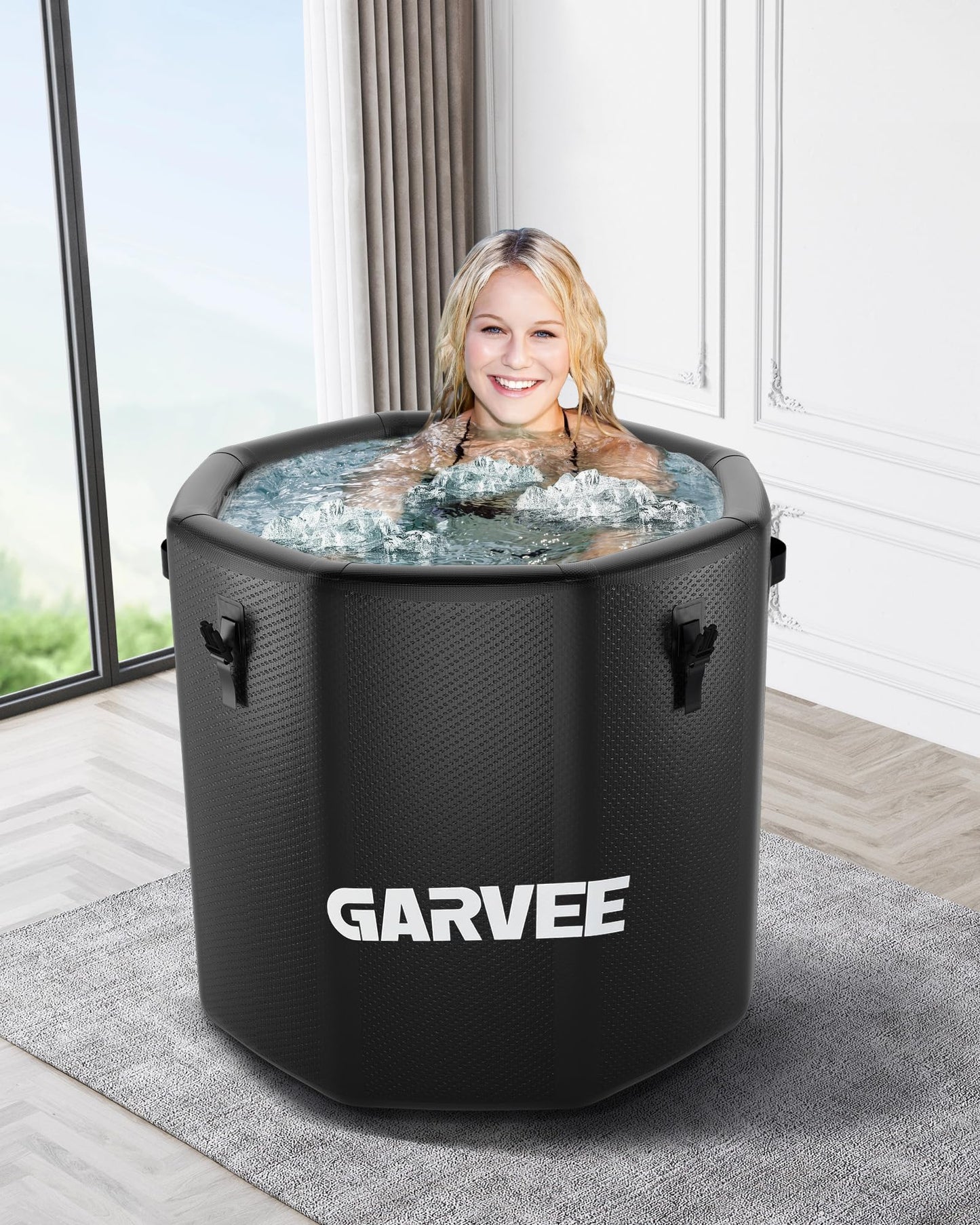GarveeTech Ice Bath Tub for Athletes, Compatible with Water Chillers, 186Gallon Inflatable Cold Plunge Tub with Insulated Lid, Portable Cold Water Therapy Ice Pod for Recovery (Black, 186Gallon)