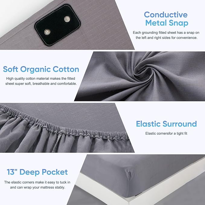 Grounding Sheets King Size, 95% Organic Cotton + 5% Pure Silver Fiber, Grounding Sheet Earth Connected Bedding (King - 77"x 80"x 13" Gray) Fitted Earth Sheets with Grounding Cord
