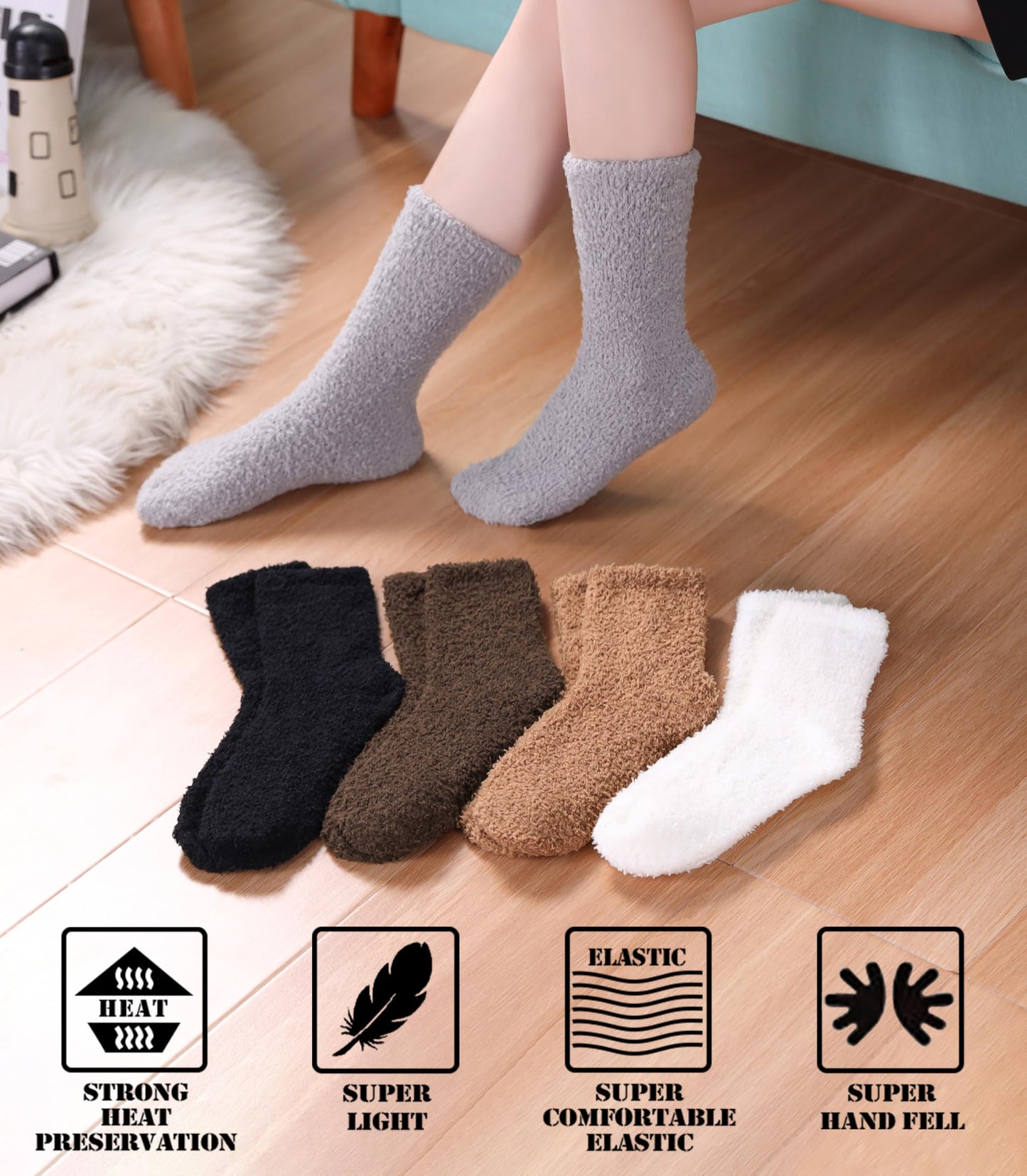 FNOVCO Womens Fuzzy Socks Super Soft Fluffy Winter Warm Cozy Home Sleeping Socks (5 Pairs Solid Color F)