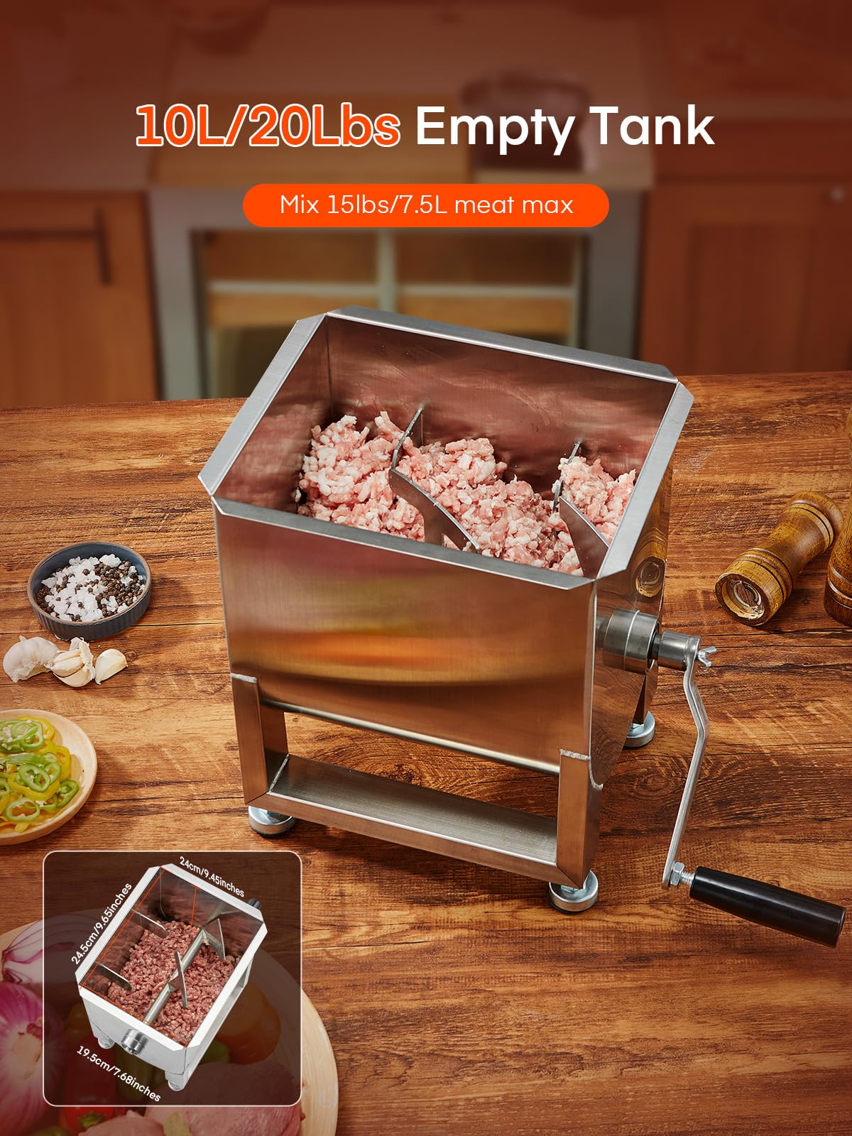 Meat Mixer, 20LBS/10L Capacity Tank 304 Stainless Steel Manual Meat Mixer, Meat Mixer for Sausage with Stainless Steel Lid & Deachable Handle, Mix Up to 15LBS/7.5L