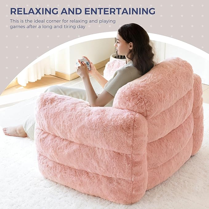 MAXYOYO Giant Bean Bag Chair for Adults, Ultra Soft Fluffy Bean Bag Sofa, Oversized Floor Sofa for Living Room Bedroom, Cozy Reading Chair with Filler, Pink