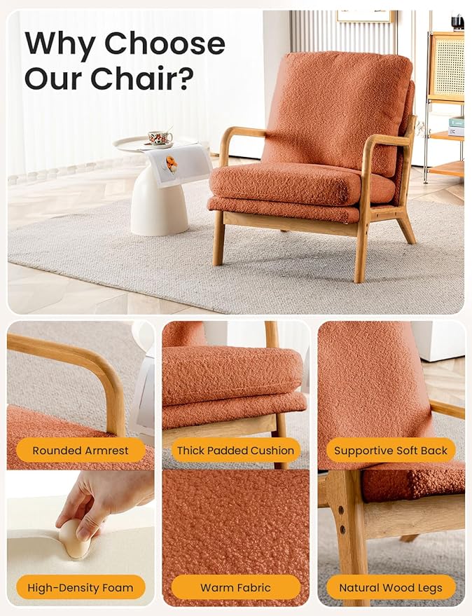 Mid Century Modern Accent Chairs for Living Room, 23” Wide Comfy Chair for Bedroom, Small Cozy Sherpa Reading Chairs for Adults, 108° Lounge Arm Chair Indoor with Detachable Cover, 5.5" Foam Cushion