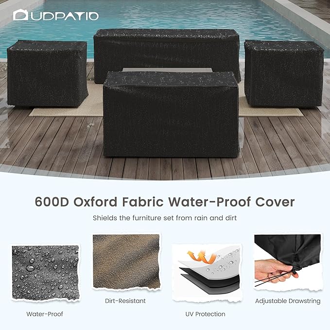 UDPATIO 5 Piece Aluminum Patio Furniture Set Faux Wood Grain Modern Outdoor Furniture Patio Conversation Set with 6" Olefin Fabric Cushions and Coffee Table, 600D Waterproof Cover Included, Light Grey