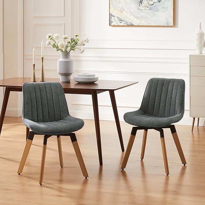 Art Leon Dining Chairs Set of 4, Mid Century Modern Swivel Dining Room Chairs, Fabric Upholstered Armless Side Chairs with Wood Legs for Kitchen Living Room Bedroom, Dark Gray