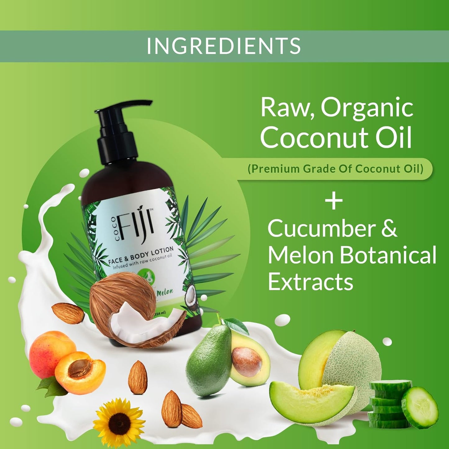 Coco Fiji Face & Body Lotion Infused With Coconut Oil | Lotion for Dry Skin | Moisturizer Face Cream & Massage Lotion for Women & Men | Cucumber Melon 12 oz, Pack of 1