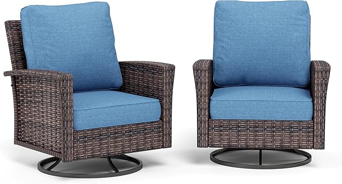 SUNSHINE VALLEY Patio Wicker Swivel Chairs Set of 2, Outdoor High Back Chairs with 5.5" Waterproof Cushions, Outdoor Furniture Set for Deck Porch and Yard, Peacock Blue