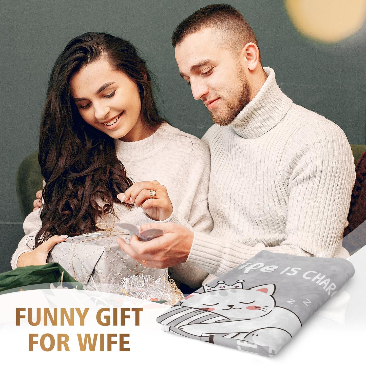 GoMelley Funny Gift for Wife from Husband, Wedding Anniversary Romantic Gifts for Women, Wife is Charging Flannel Blanket, Birthday Christmas Valentines Day Blanket Gifts for Her, 60”× 50”(Gray)