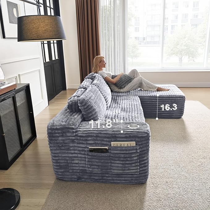 Cloud Sectional Couch with L-Shape Chaise, Modern Modular Sofa with Deep Seat, Built-in Cup Holder & Storage Pocket for Living Room Bedroom, No Assembly Required (Light Gray, Right Sitting Chaise)