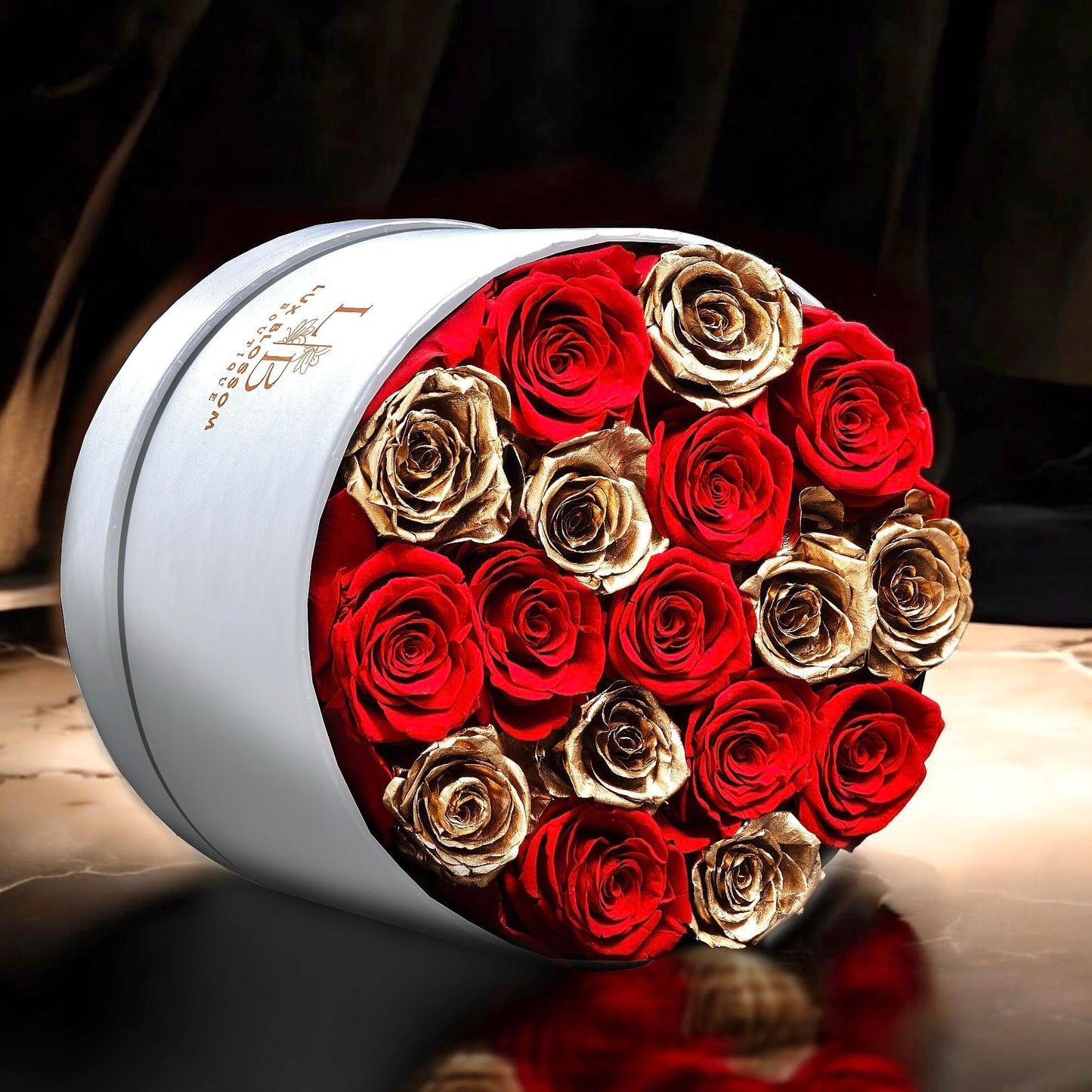 LUX BLOSSOM BOUTIQUE 17 Forever Roses in a Box - Luxury Red & Gold Forever Flowers, Gold Roses, Eternal Sparkling Roses Bouquet, Birthday Gifts for Wife, Flowers for Delivery Prime (White Box)