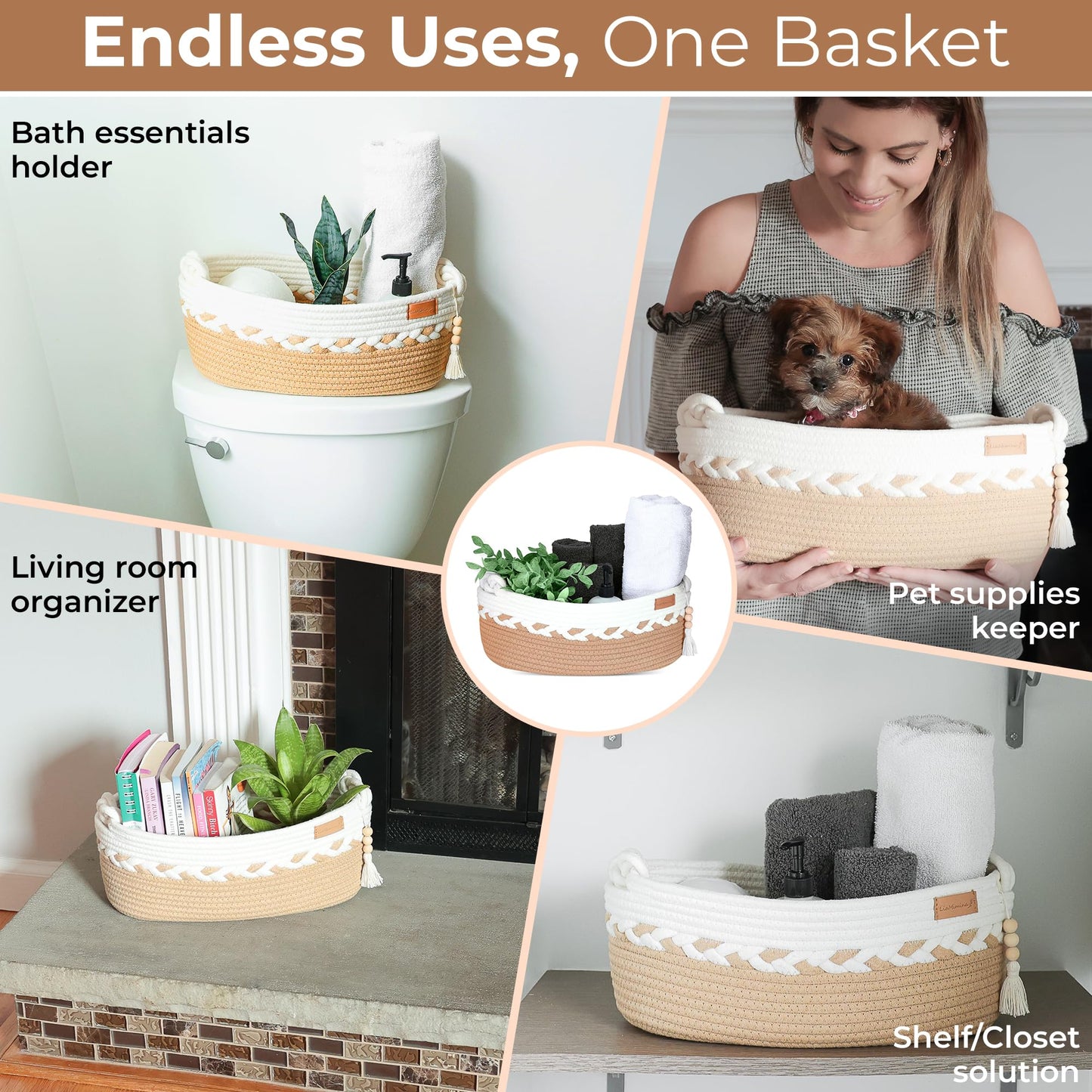 Spacious Toilet Paper Basket - 14" x 6.5" x 5" Tank Topper w/Removable Tassel - Braided Knot Handles