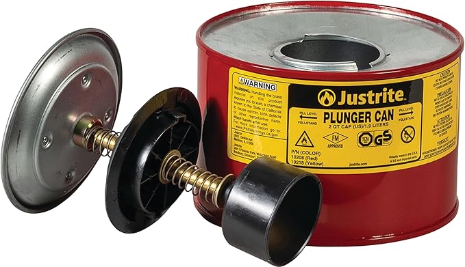Justrite Plunger Can for Solvents, 2 Quarts Capacity, 7.4" x 7.25" Steel Push-Down Solvent Dispenser Can, Made in The USA Industrial Mechanic Tools, Red, 10208
