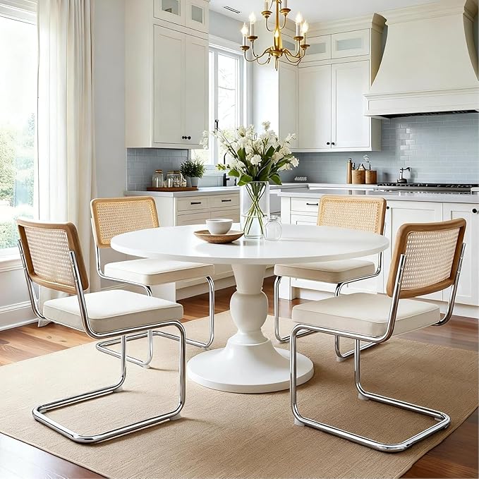 Zesthouse Rattan Dining Chairs Set of 6, Mid Century Modern Dining Room Chairs with Natural Cane Mesh & Chrome Base, White Cesca Chair Linen Fabric, Farmhouse Kitchen Chair with Solid Wood Frame Back