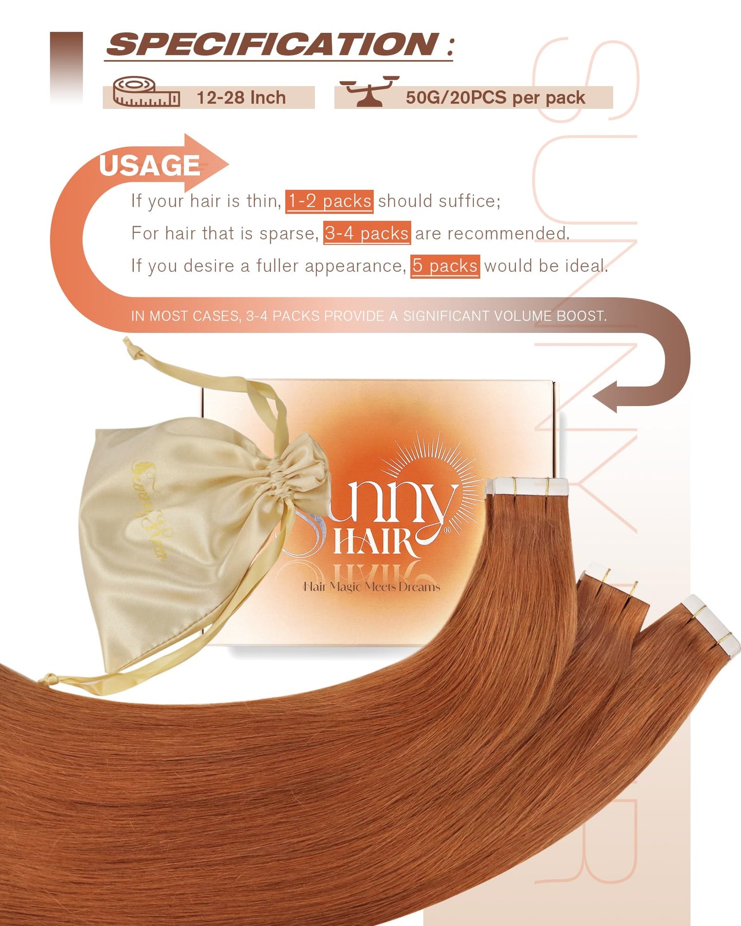 Sunny Hair Tape in Hair Extensions Real Human Hair Invisible Remy Hair Extensions Tape ins for Women Copper Red 18 inch 20Pcs 50