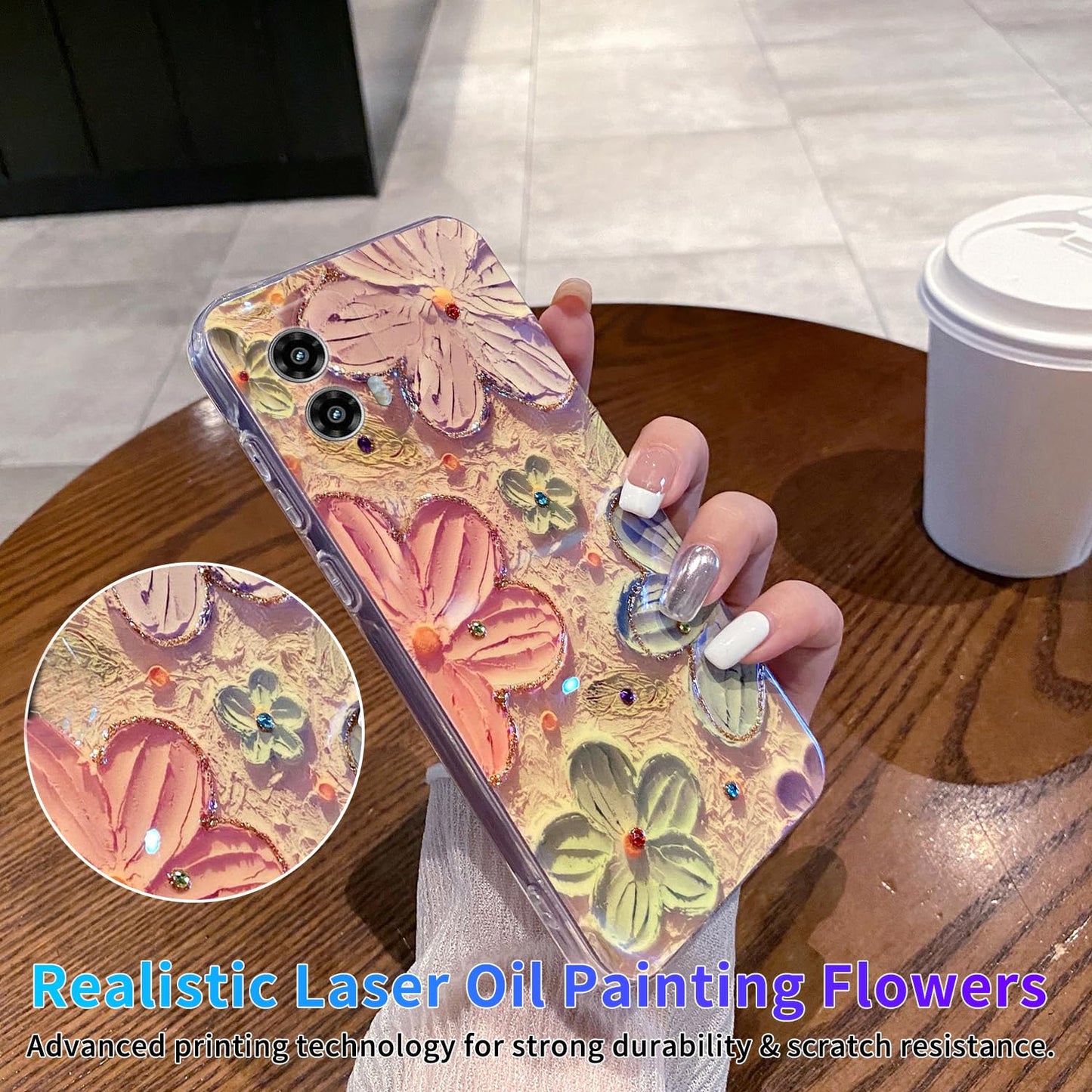 Leleyun Case For Motorola Moto G Stylus 5G 2024 6.7, Colorful Retro Oil Painting Printed Flower Cute Pattern With Glitter Gem Ph