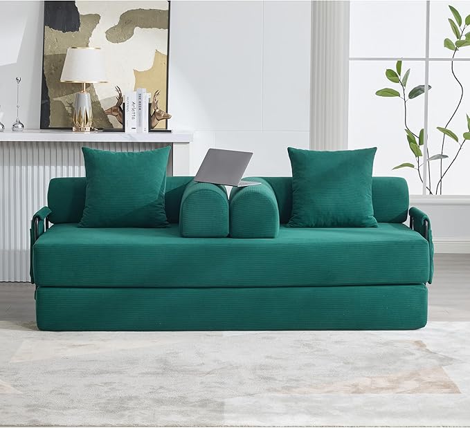 ZEIINPA Convertible Sleeper Sofa Bed, Folding Floor Sofa Bed with Fixed-Shape Frame, Corduroy Floor Sleeper Sofa with Storage Pocket, Futon Boneless Sofa Couch for Living Room, Emerald Green