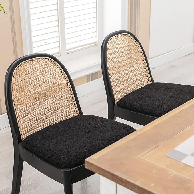 DUOMAY Mid-Century Modern Rattan Dining Chairs Set of 2, Wooden Dining Room Chair with Cane Backrest and Padded Seat, Black Sherpa Upholstered Dining Chair, Black Finish