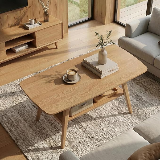 Hymus Wood Coffee Table - 100% Solid Wood- 2-Tier Coffee Table with Storage for Living Room, Eco-Friendly Finish, Easy Assembly (Natural, 47.24" D x 22.04" W x 17.32" H)