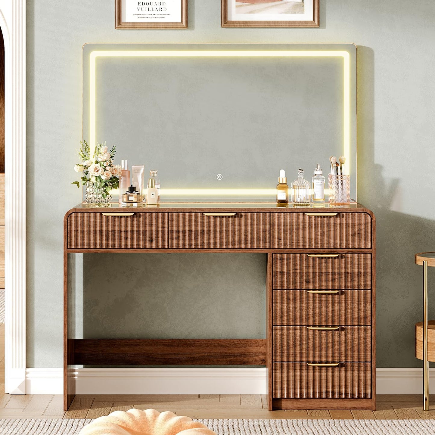 47“Makeup Vanity Desk with 44.8" Mirror and Lights, Vanity Desk with 7 Drawers, Makeup vanity table with a glass tabletop, 3 Color Modes & Adjustable Brightness Dressing Table, Bedroom,Walnut