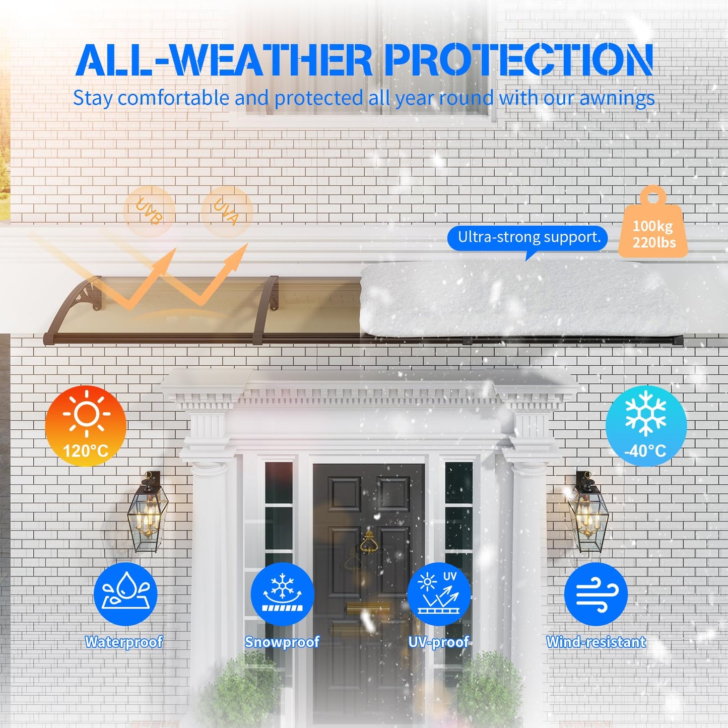 Awning for Door Entrance,40x120 inch Awnings for Doors with Separate Drainage,Front Door Awning Exterior,Polycarbonate UV, Rain, and Snow Protection for Porch,Patio,Window,Deck