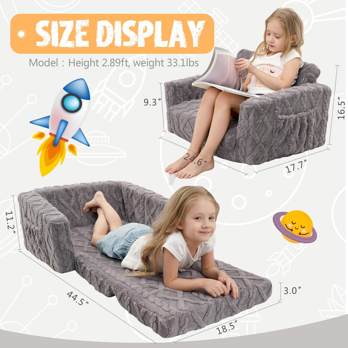 MallSingel Toddler Couch for Kids – 2-in-1 Fold Out Sofa and Lounger, Soft Flannel Convertible Chair, Flip Open Kids Couch (Grey)