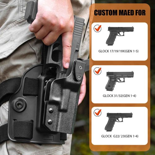 GUN & FLOWER Drop Leg Holster, Fits Glock 17/19 (Gen1-5), 22/23 /31/32 (Gen1-4), 19x /44/45, Level II Retention Duty Kydex Pistol Holster, Adjustable Strap & Ride Hight, Right Hand