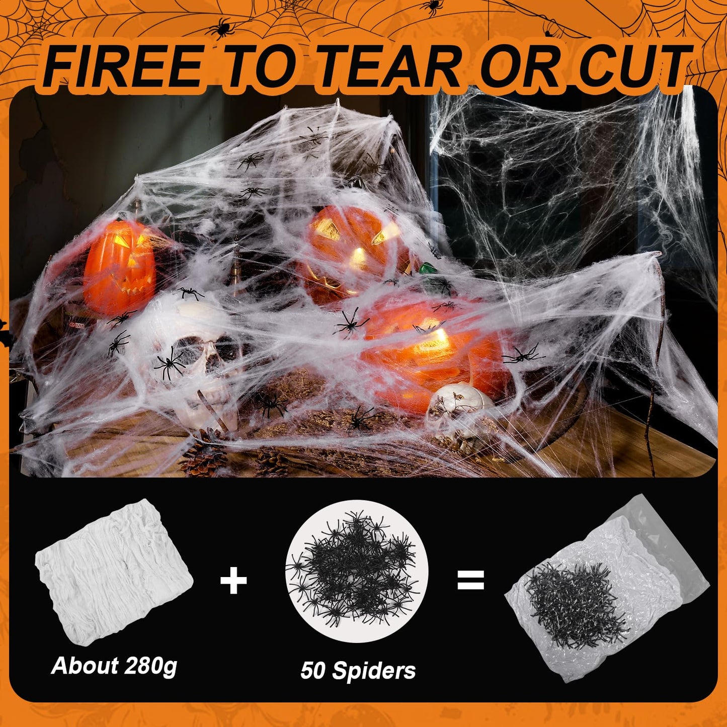 Land Guard 1000 sqft Spider Web, Bonus with 50 Artificial Spiders, Fabric Spider Webbing, Cobweb Halloween Decor for Indoor and Outdoor Party Supplies