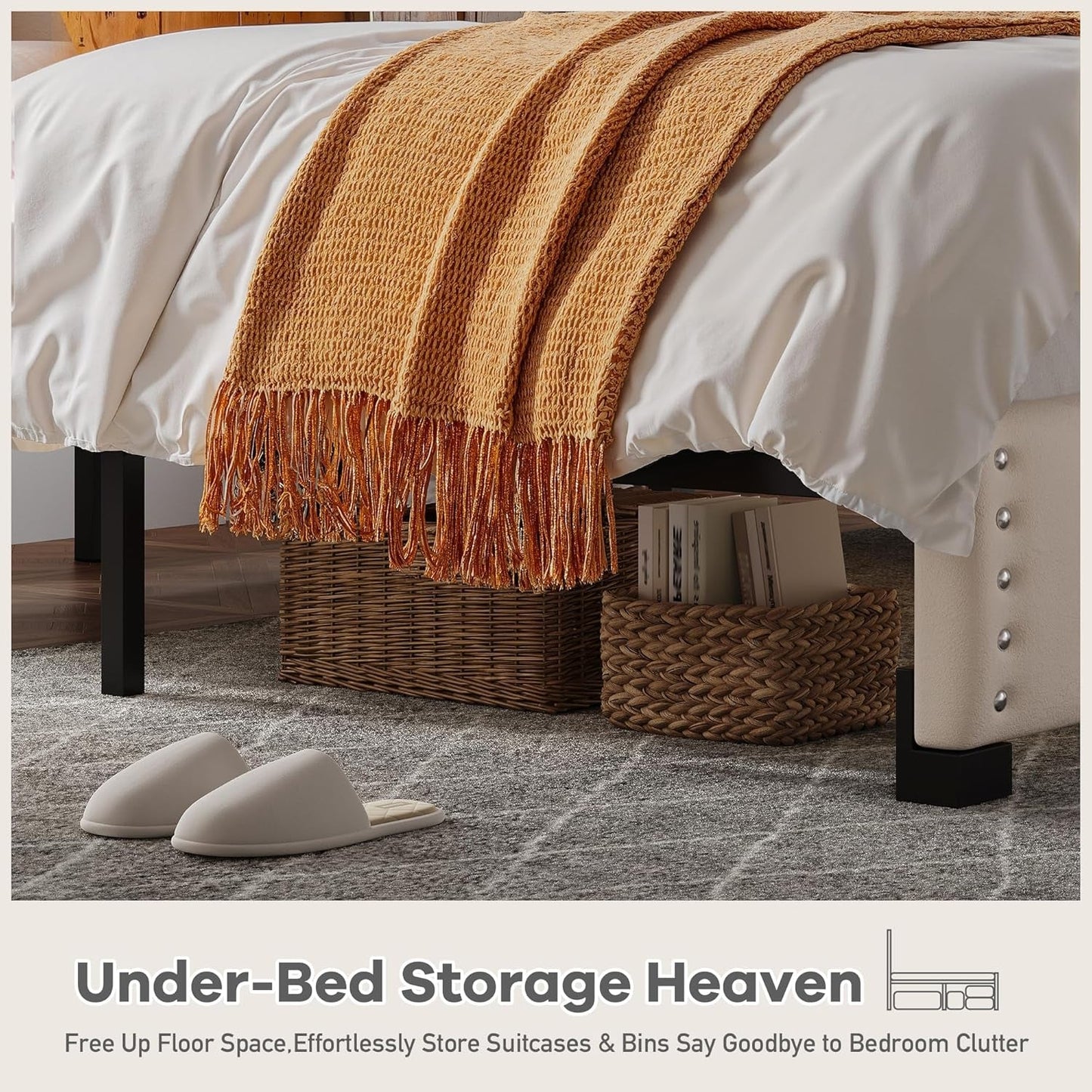 Queen Bed Frame, Velvet Bed Frame with Headboard and Led Light, Platform Bed Frame for Bedroom Apartment, Dorm, Noise-Free, Easy Assembly, Beige