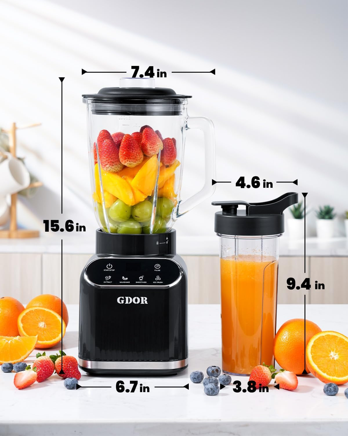 Professional Blender for Smoothies, 5 Functions, 1200 Peak Watts Smoothie Blender, 52 Oz Glass Jar & 24 Oz To-Go Cup Combo, Ice Crushing & Frozen Fruit, Self-Cleaning, Black