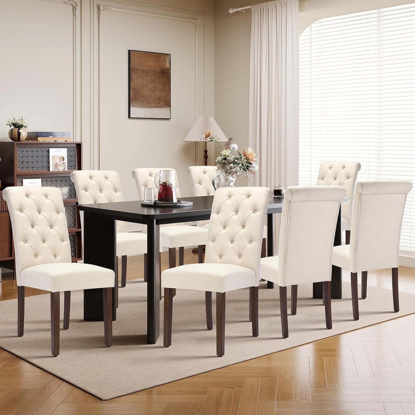 7-Piece Rectangular Dining Table Set for 6, 63" Industrial Kitchen Table with 6 Tufted Parsons Dinner Chairs for Dining Room, Kitchen, Living Room, Black+Beige